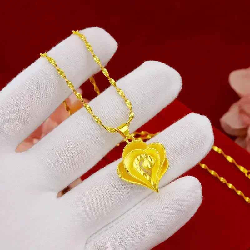 High quality gold necklace real gold 24K pure gold rose pendant necklace