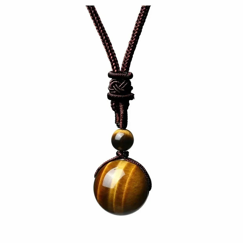 16 Mm Black Tiger Eyes Stone Necklaces with Adjustable Braided Rope Cords Natural Crystal Pendant.