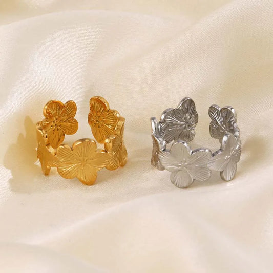 Elegant Stainless Steel Big Bloom Flower Rings, 18k Gold PVD Plated Open Ring Finger Jewelry.