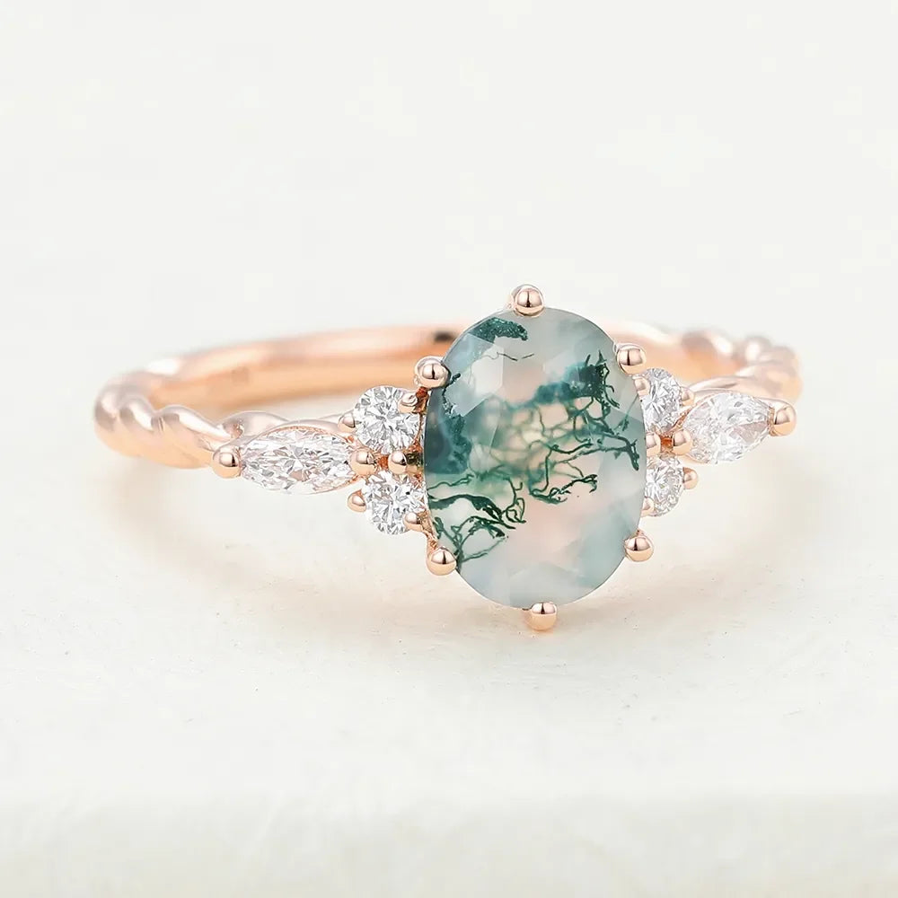 Natural Unique 6x8mm Oval Moss Agate Rings, 925 Sterling Silver Handmade Ring Fine Jewellery.