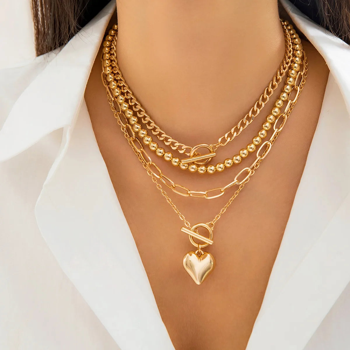 4Pcs/Set Gold Color Heart Pendant Necklace Beaded Chain Jewellery Accessories.