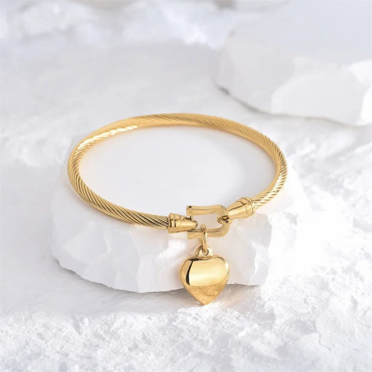 18k Gold Color Stainless Steel Heart Pendant Charm Bangle Bracelets.