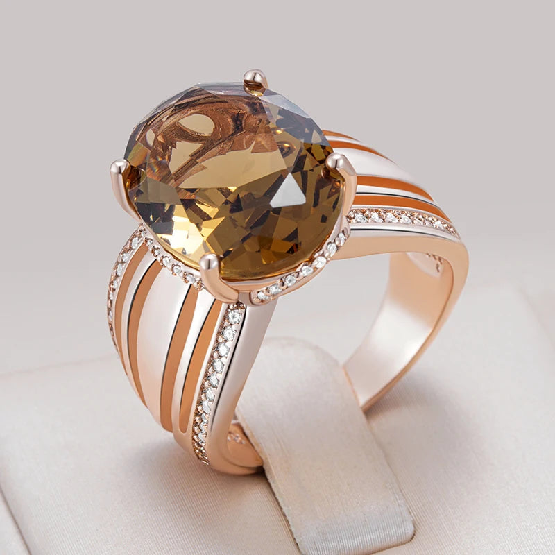 Oval Brown Natural Zircon Ring for Women Unique 585 Rose Gold Color High Quality.
