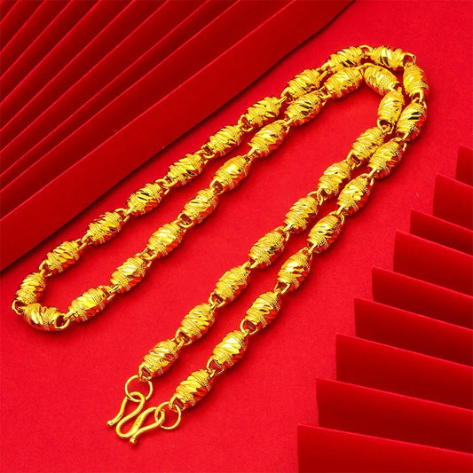 9999 24K real gold hollow men's necklace round buckle men's boutique chain open cylindrical gold necklace light beads