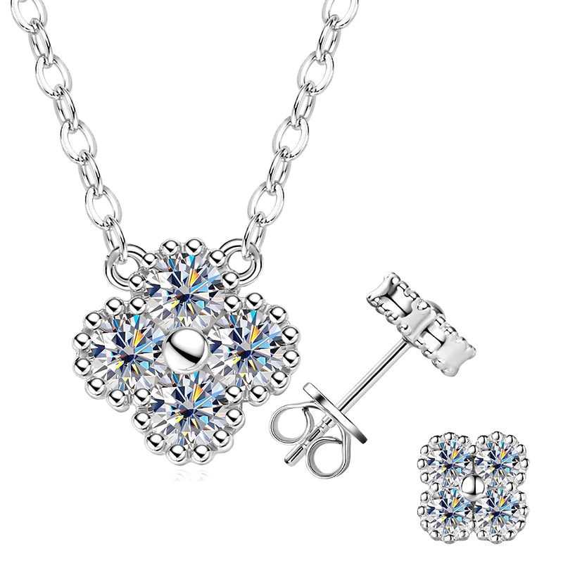 Lnngy 925 Certified Silver Chains Four Leaf Flower 3mm 0.1ct Moissanite Necklace Stud Earring Jewelry Set
