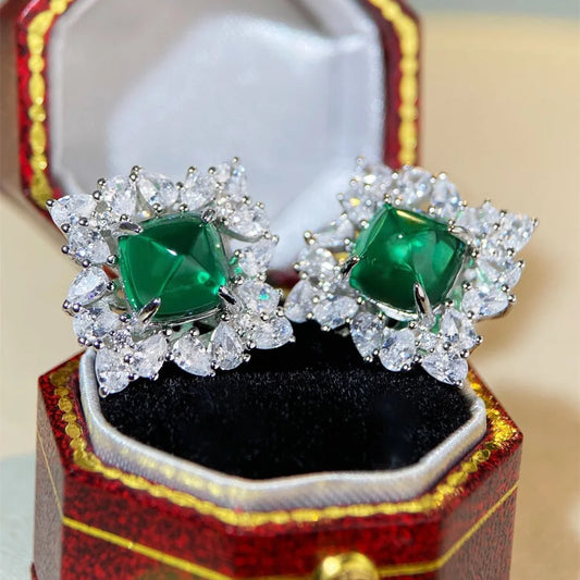 Luxury white gold solid platinum PT950 Earrings, Emerald Luxury Full Diamond Inlaid Earrings.