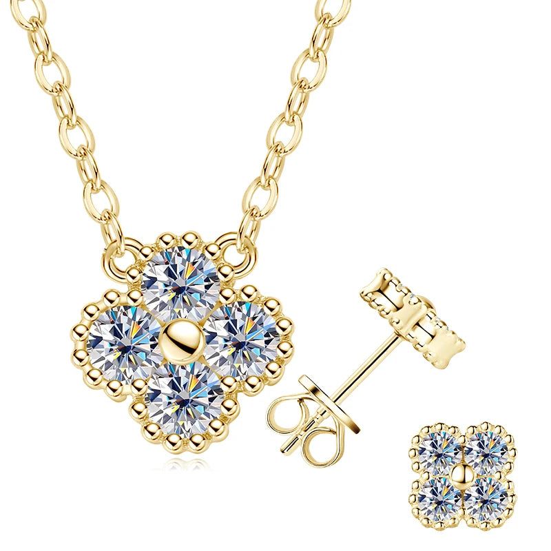 Lnngy 925 Certified Silver Chains Four Leaf Flower 3mm 0.1ct Moissanite Necklace Stud Earring Jewelry Set
