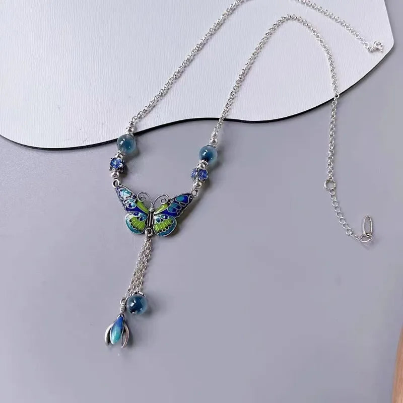 925 silver blue-green enamel exquisite butterfly Necklace tassel flower retro jewellery