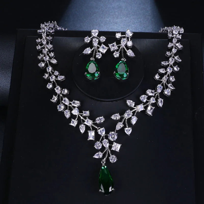 Luxury Green Cubic Zirconia Earrings Necklaces Sets Accessories.