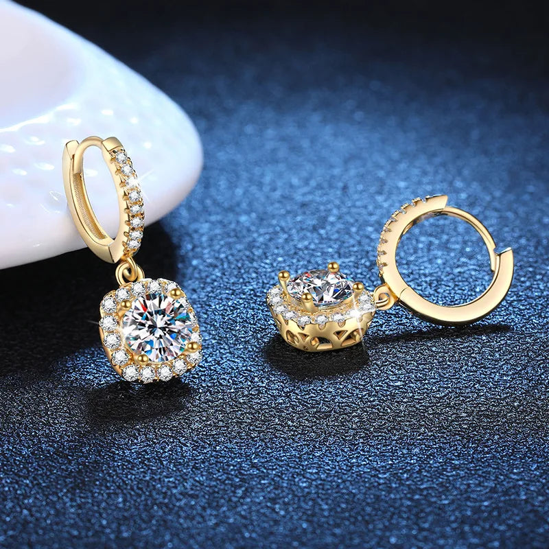 Luxury 100% Real 18k Gold Women's Classic Square Moissanite Earrings with Diamond Studs