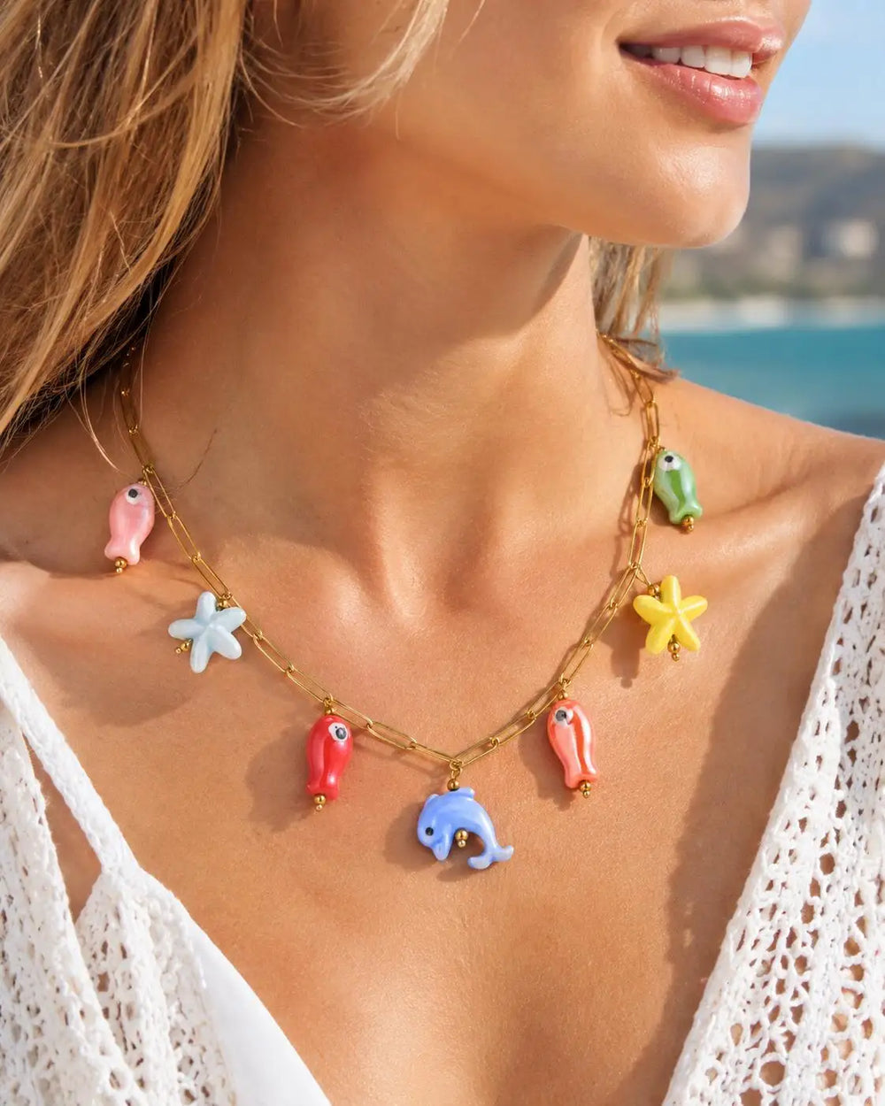 18K Gold Plated Pearl, Shell, Conch, Starfish Summer Beach Necklace, Stainless Steel Waterproof Charm Jewelry
