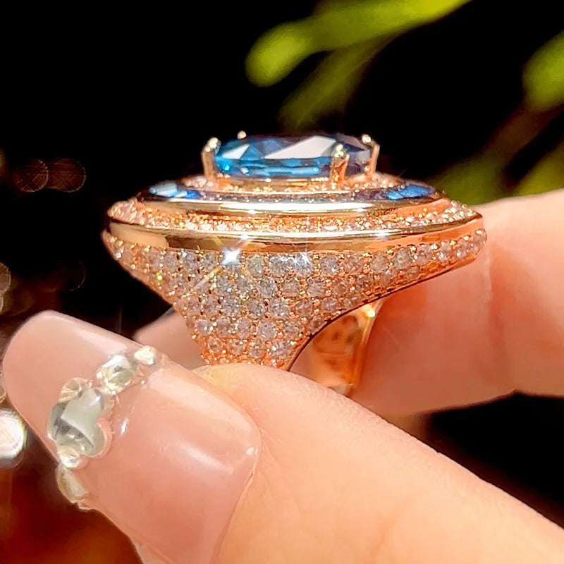 Rose Gold Plated Blue Oval Gemstone Jewelry Adjustable Ring Necklace with Cubic Zirconia Vintage Fashion Gift.