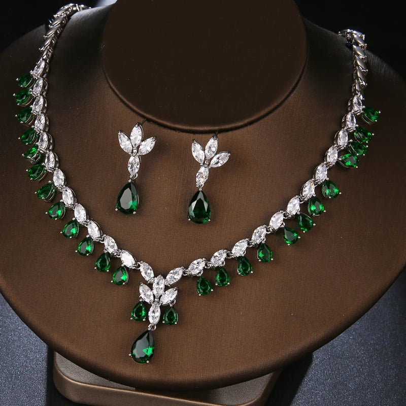 Luxury Green Cubic Zirconia Earrings Necklaces Sets Accessories.