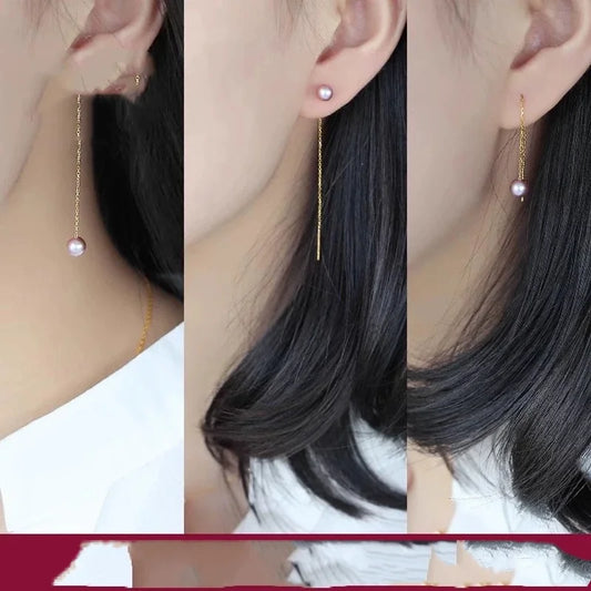 Fine Jewelry Pure 18K yellow Gold earrings long drop natural freshwater Pearl purple pink Round Au750.