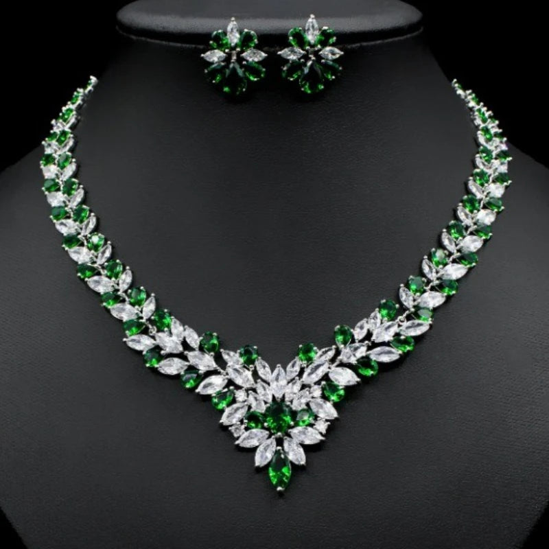 Luxury Green Cubic Zirconia Earrings Necklaces Sets Accessories.