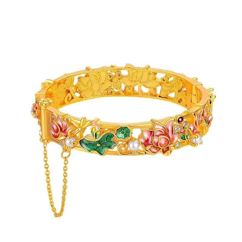 AU750 Gold Bracelet, Antique Enamel Orchid Design, 18K Retro Palace Filigree Inlaid Open Clasp Bracelet.