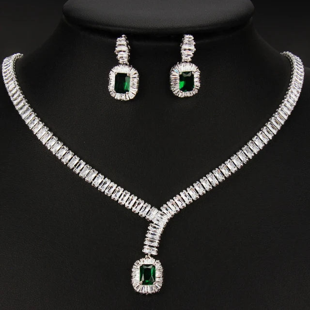 Luxury Green Cubic Zirconia Earrings Necklaces Sets Accessories.