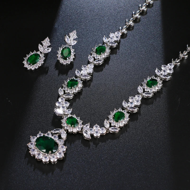 Luxury Green Cubic Zirconia Earrings Necklaces Sets Accessories.