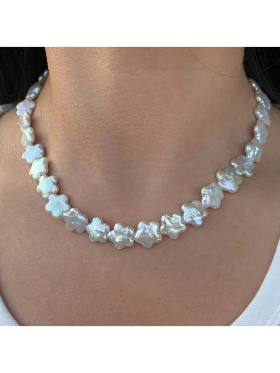 Colorful Natural Freshwater Plum Blossom Baroque Flower Pearl Necklace S925 Pure Silver Buckle Tail Chain.