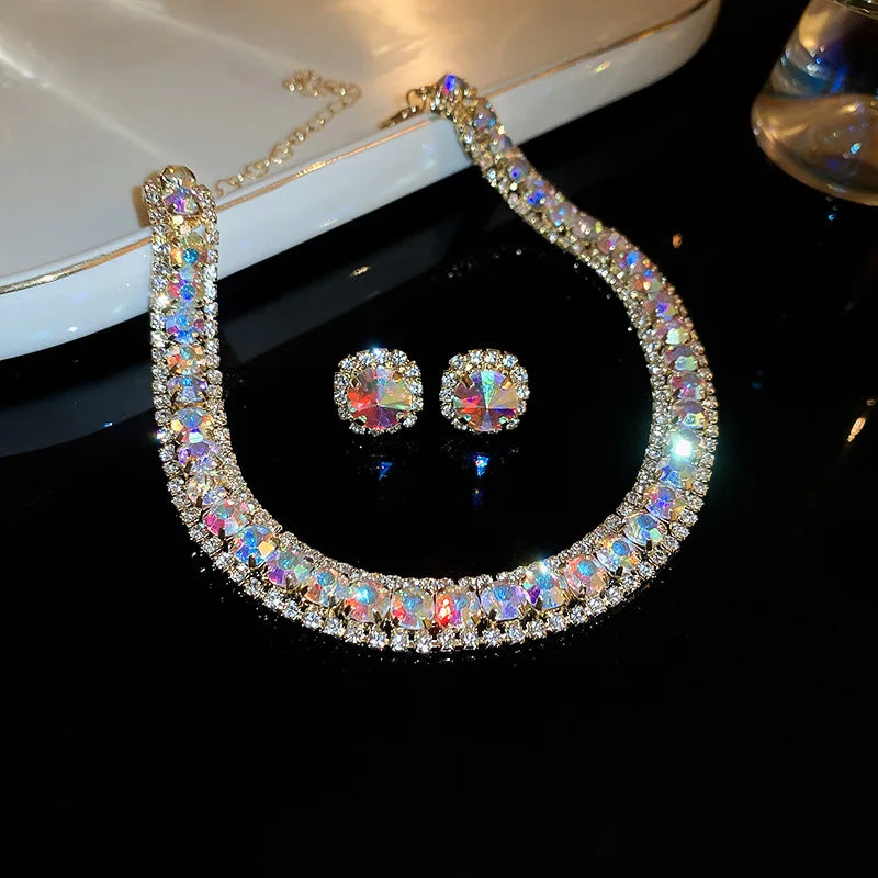 Luxury Rhinestone Necklace Stud Earrings, Crystal Necklaces Ladies Fashion Jewellery Set.