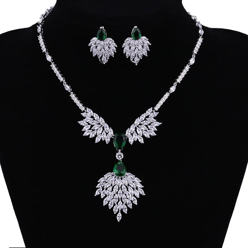 Luxury Green Cubic Zirconia Earrings Necklaces Sets Accessories.