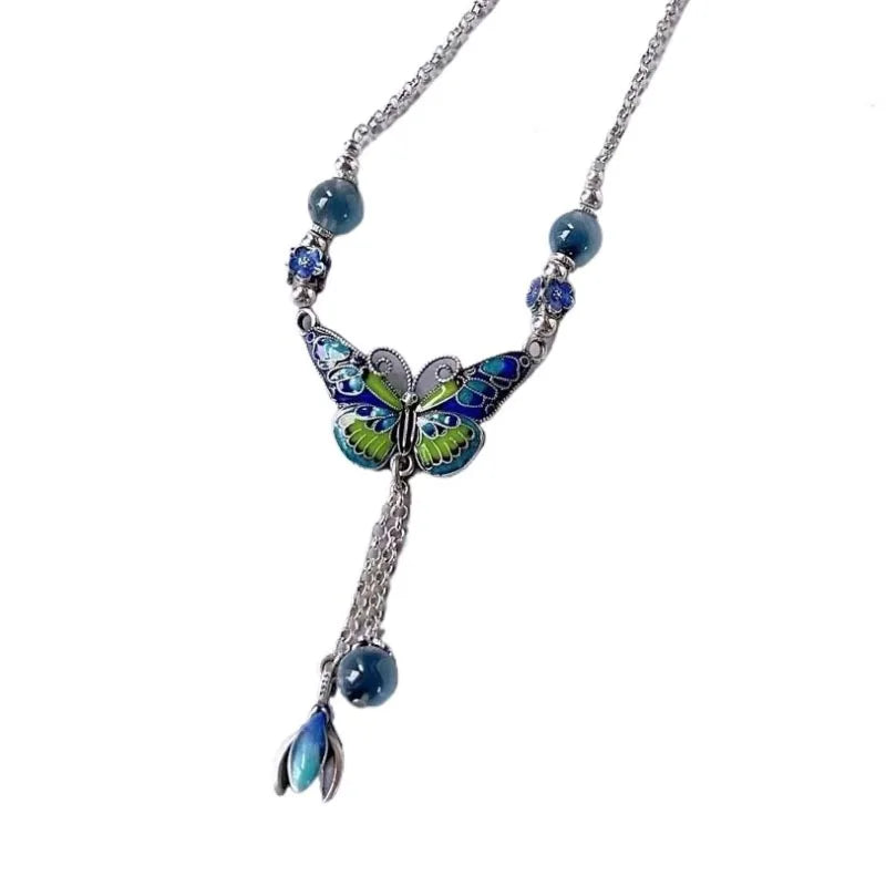925 silver blue-green enamel exquisite butterfly Necklace tassel flower retro jewellery