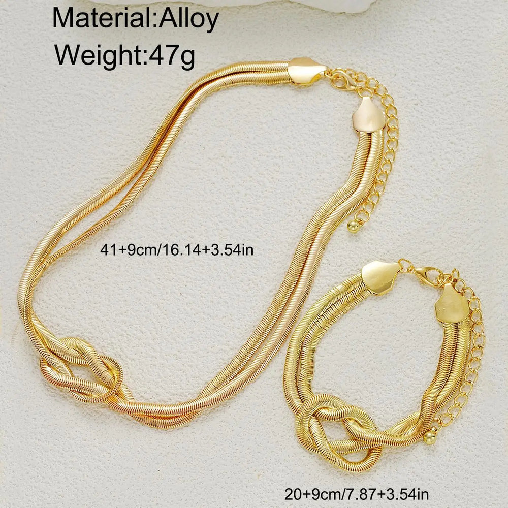 Double Layer Knot Necklace Bracelet Set Gold Color Snake Twisted Chunky Fashion Jewellery Accessories.