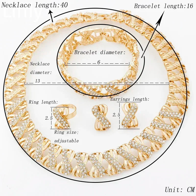 18k Gold Plated Jewelry Set, Necklace Earrings Rings.
