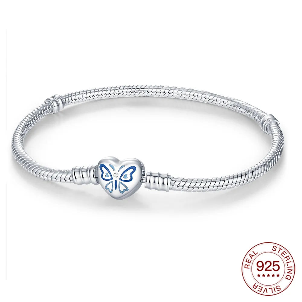 925 Sterling Silver Drop Rubber Bracelet Love Butterfly Clover Bracelet Original Charm Beads Jewellery.