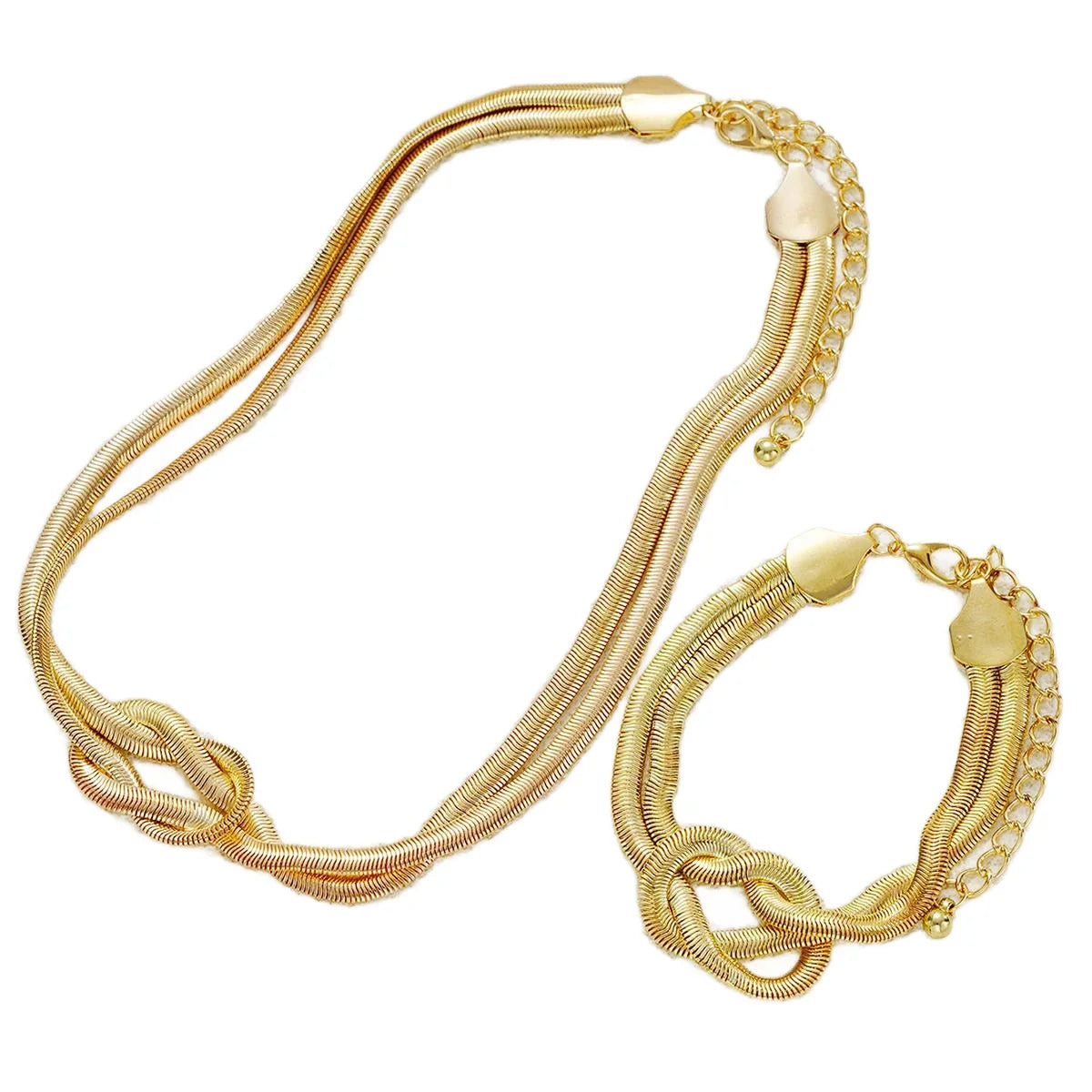 Double Layer Knot Necklace Bracelet Set Gold Color Snake Twisted Chunky Fashion Jewellery Accessories.