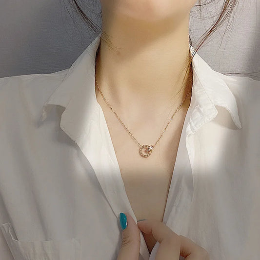 Luxury Elegant Crystal Circle Fashion Roman Digital Stainless Steel Gold Silver Color Necklaces.