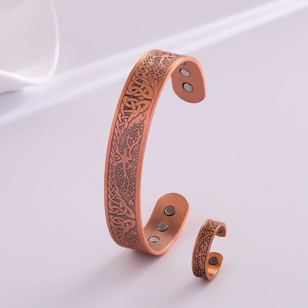 Copper Plating Retro Simple Double Ring Pattern Magnetic Energy Ring Bracelet Gift Set.
