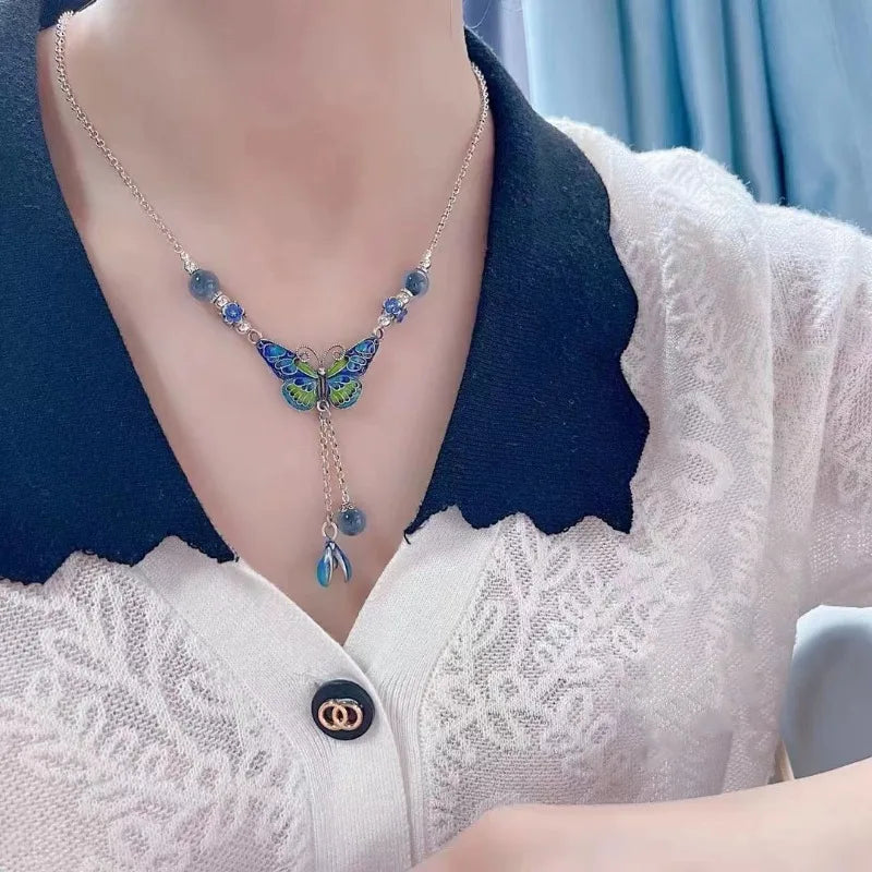 925 silver blue-green enamel exquisite butterfly Necklace tassel flower retro jewellery