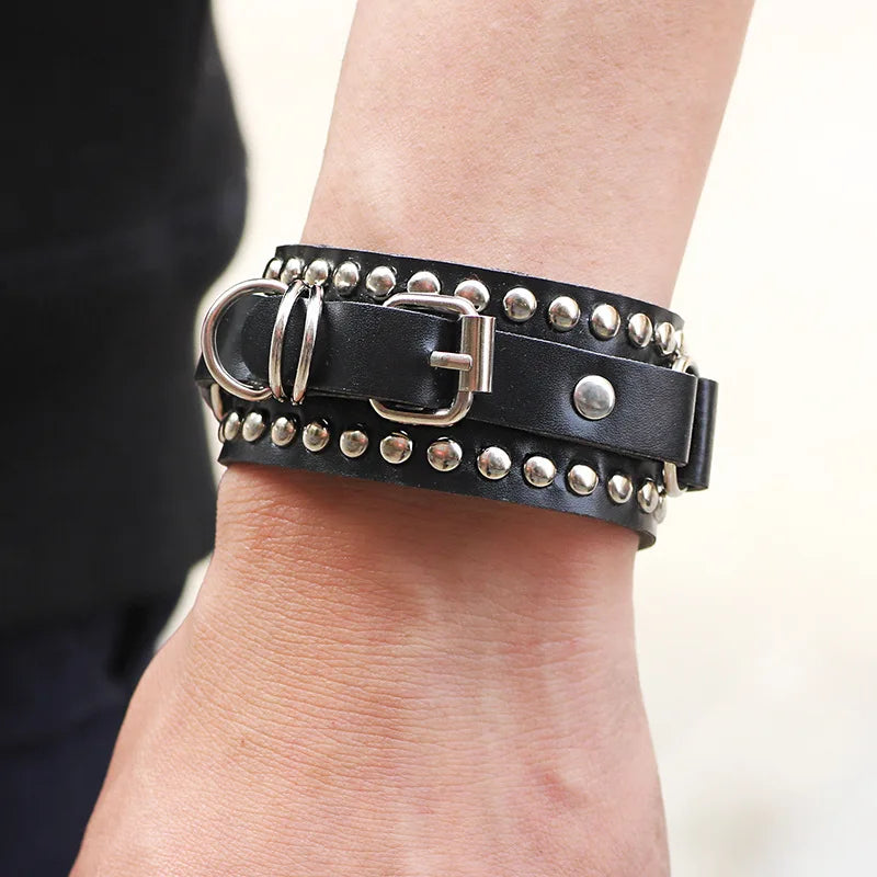 Black White Leather Wristband Bracelet Cuff Bracelets, Rivet Stud Bangle Jewellery.