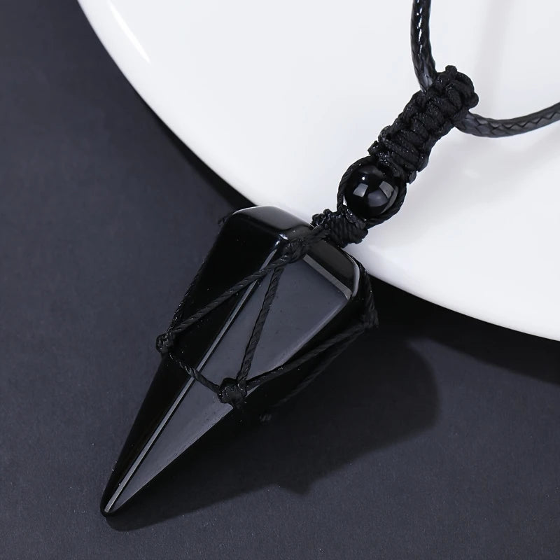 Black Lucky Cool Natural Obsidian Hexagonal Cone Mesh Pocket Braided Rope Pendant Necklace*1pc