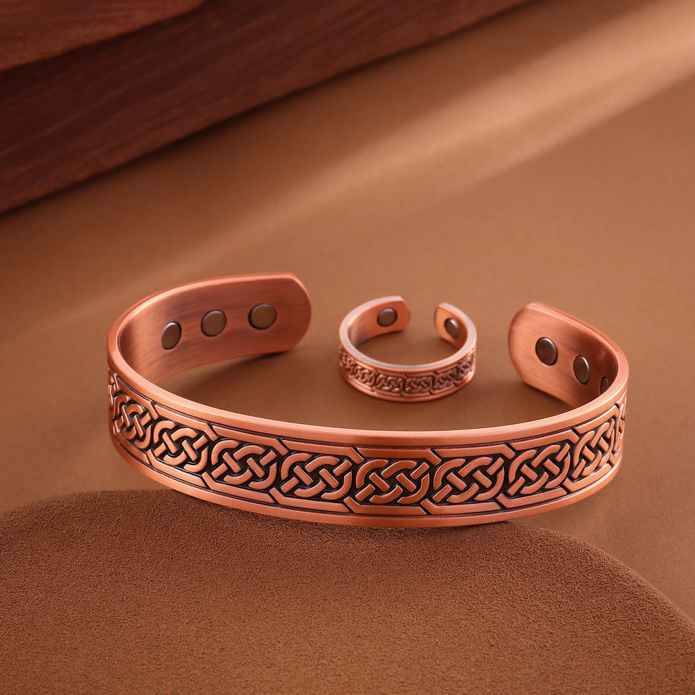 Copper Plating Retro Simple Double Ring Pattern Magnetic Energy Ring Bracelet Gift Set.