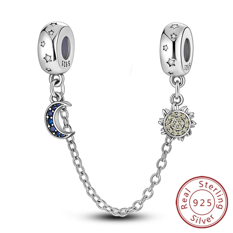 Safety Chain Fit Original 925 Sterling Silver Beads Moon Star Butterfly Heart shaped Jewellery Gift.