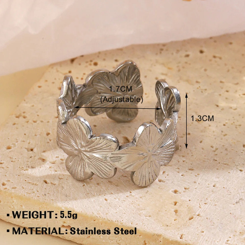 Elegant Stainless Steel Big Bloom Flower Rings, 18k Gold PVD Plated Open Ring Finger Jewelry.