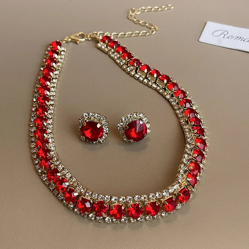 Luxury Rhinestone Necklace Stud Earrings, Crystal Necklaces Ladies Fashion Jewellery Set.
