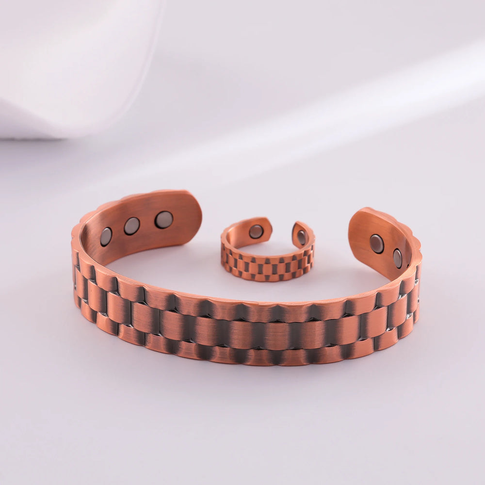 Copper Plating Retro Simple Double Ring Pattern Magnetic Energy Ring Bracelet Gift Set.