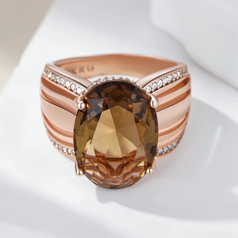 Oval Brown Natural Zircon Ring for Women Unique 585 Rose Gold Color High Quality.