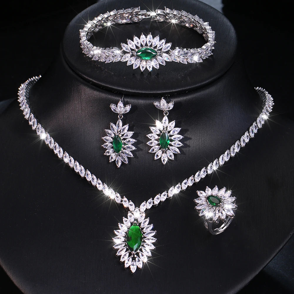 Luxury Green Cubic Zirconia Earrings Necklaces Sets Accessories.