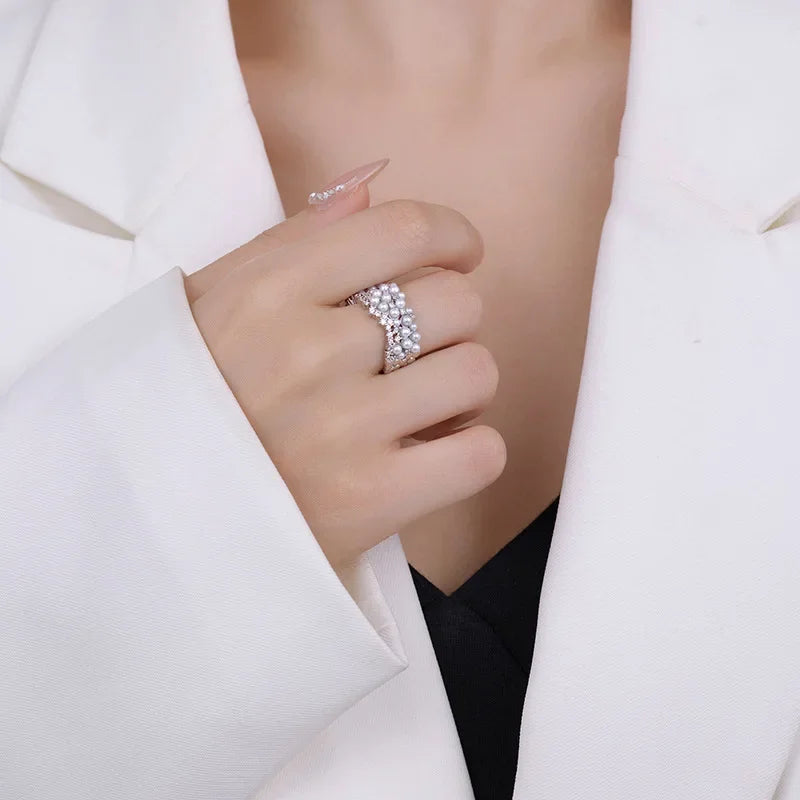 925 Sterling Silver Zircon Pearl Round Rings Minimalist Trendy Light Luxury Fine Jewelry Opening Accessories,.