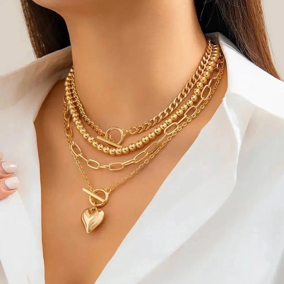4Pcs/Set Gold Color Heart Pendant Necklace Beaded Chain Jewellery Accessories.