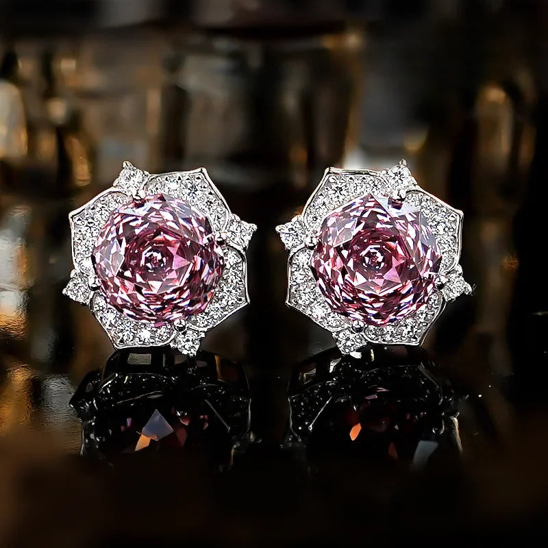 Millennium Purple Pink Flower 925 Silver Earrings Inlaid with High Carbon Diamond Light Luxury
