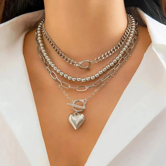 4Pcs/Set Gold Color Heart Pendant Necklace Beaded Chain Jewellery Accessories.