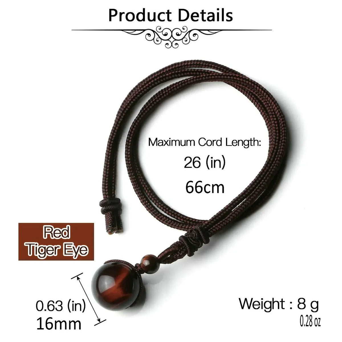 16 Mm Black Tiger Eyes Stone Necklaces with Adjustable Braided Rope Cords Natural Crystal Pendant.