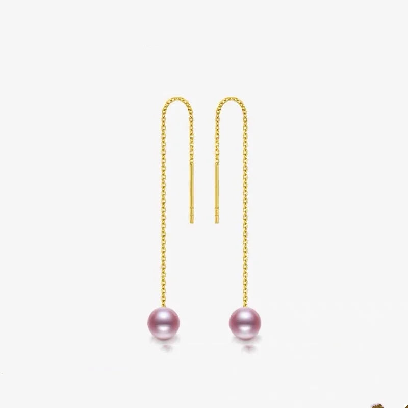 Fine Jewelry Pure 18K yellow Gold earrings long drop natural freshwater Pearl purple pink Round earrings.