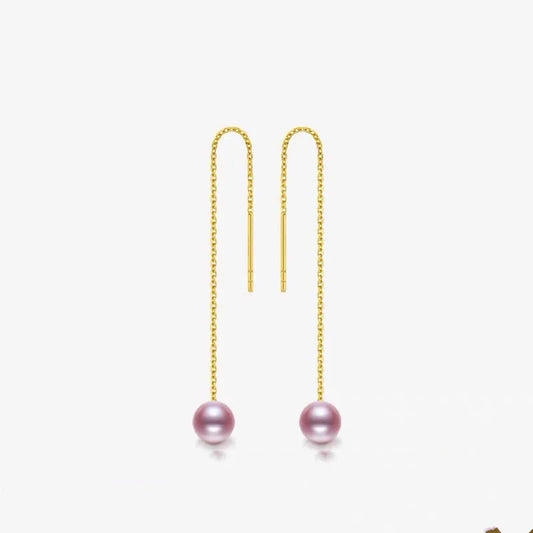 Fine Jewelry Pure 18K yellow Gold earrings long drop natural freshwater Pearl purple pink Round earrings.