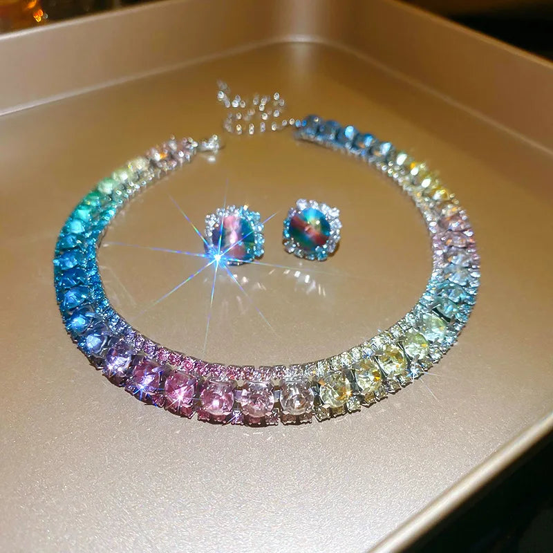 Luxury Rhinestone Necklace Stud Earrings, Crystal Necklaces Ladies Fashion Jewellery Set.